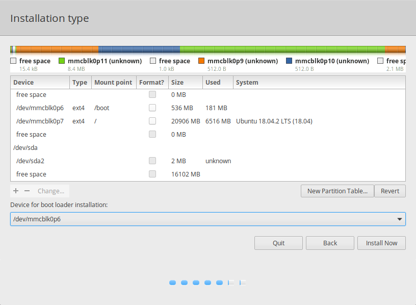 Ubiquity installer, showing the continuation of the "Installation Type" screen. /dev/mmcblk0p6 is to be used as /boot, and /dev/mmcblk0p7 is to be used as /; both are formatted as ext4. The device for boot loader installation is /dev/mmcblk6.