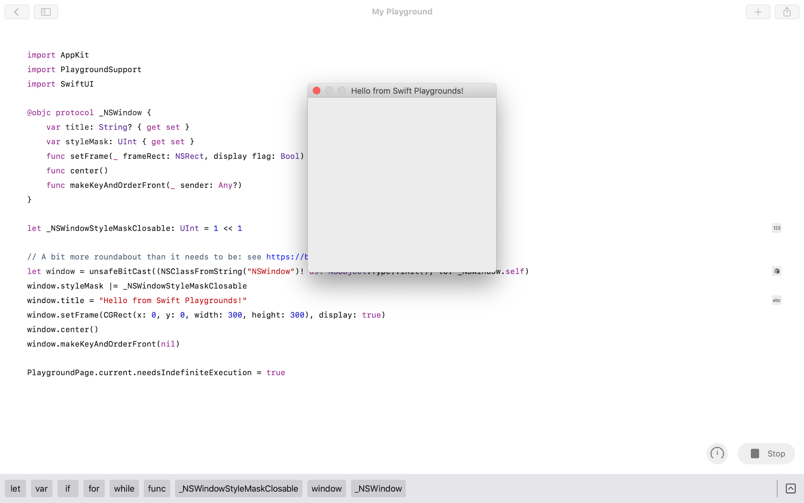 A native AppKit window presented from Swift Playgrounds on macOS. It's titled "Hello from Swift Playgrounds!".