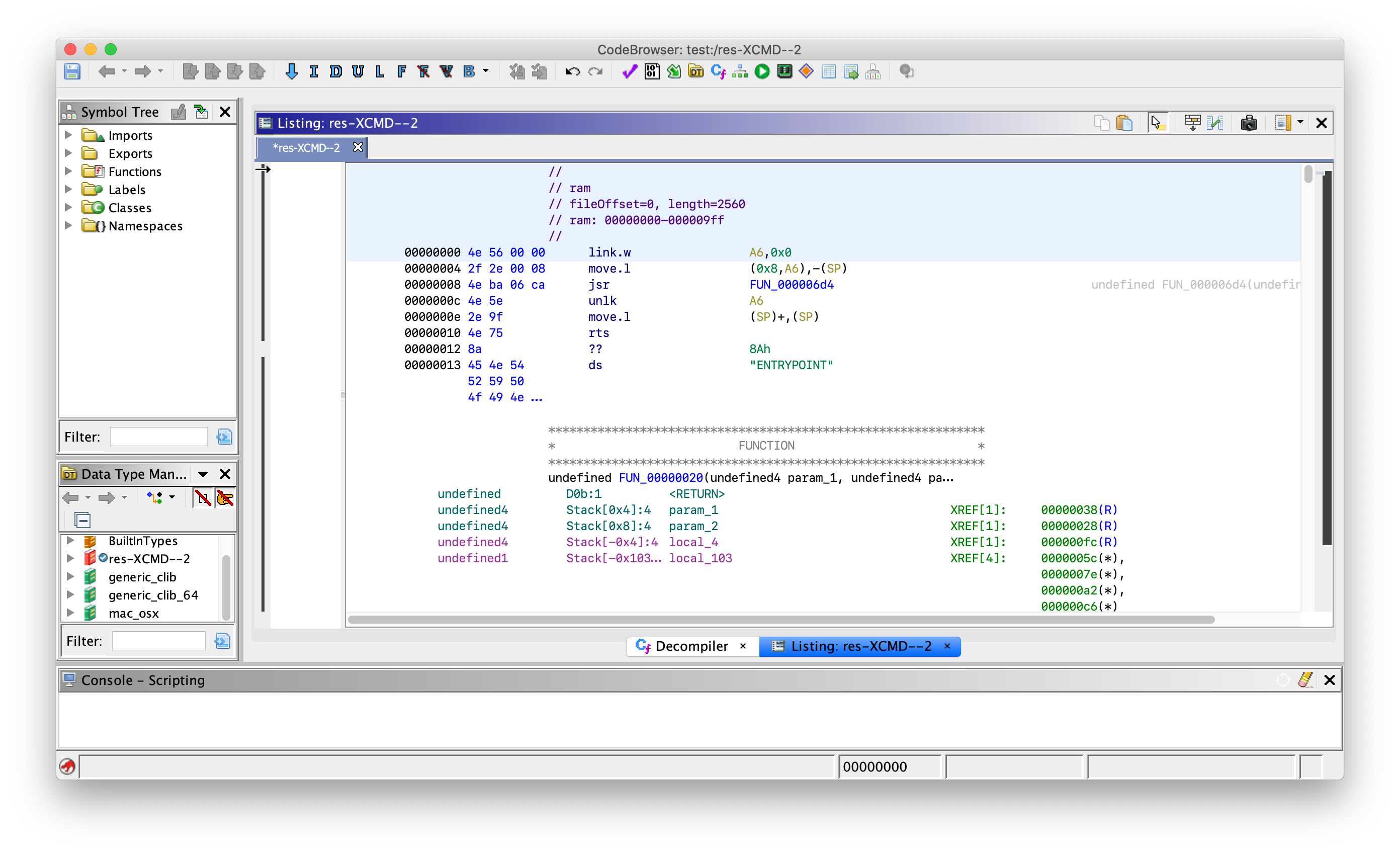 The WatnessSolver XKMD loaded into Ghidra, showing automatic code detection and function recovery