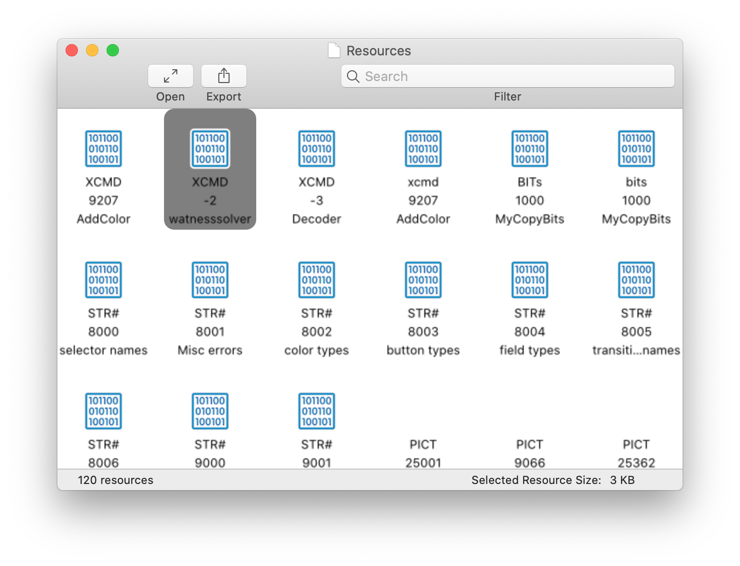 The resources contained in the HyperCard stack, including some BITs, STR#, PICT, and XCMD resources, one of which is watnesssolver