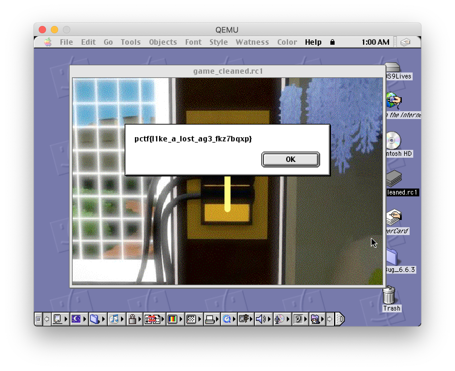 HyperCard running on QEMU showing the flag for The Watness 2