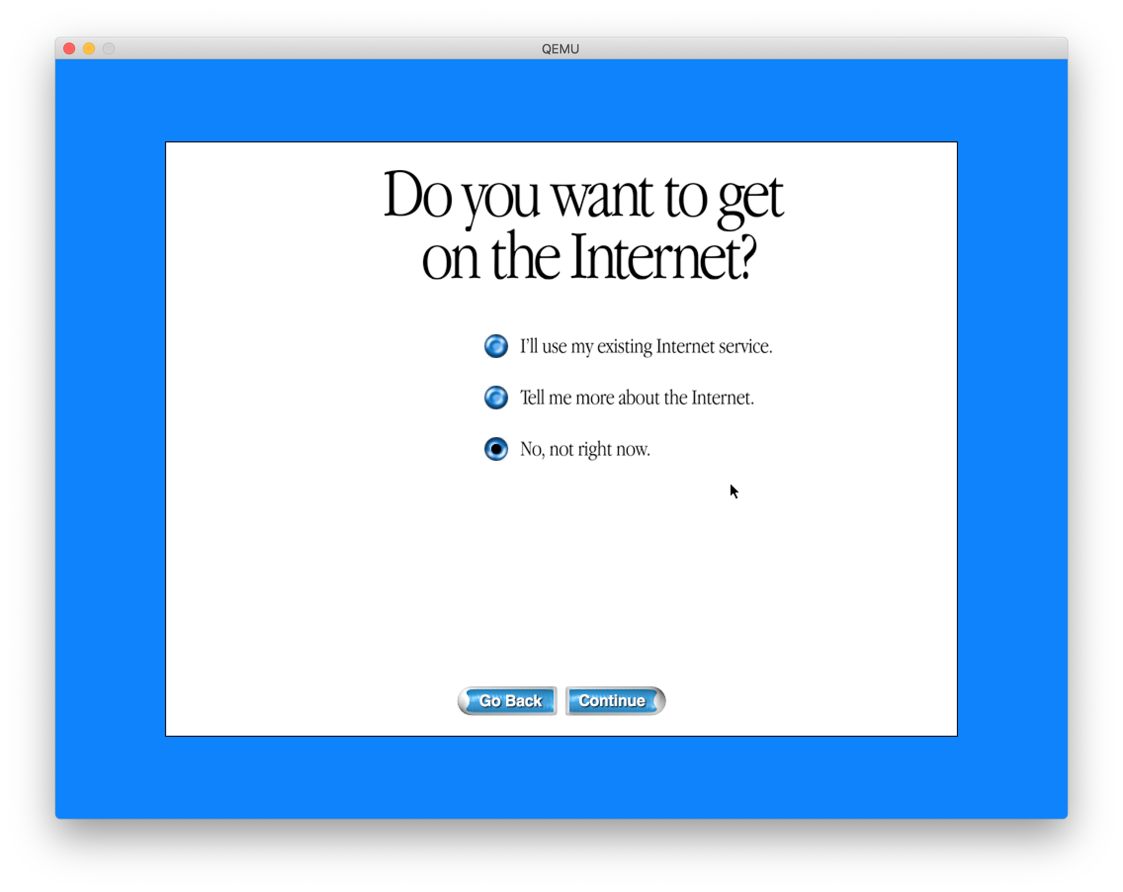 Mac OS setup screen in QEMU, on the "Tell me more about the internet" screen