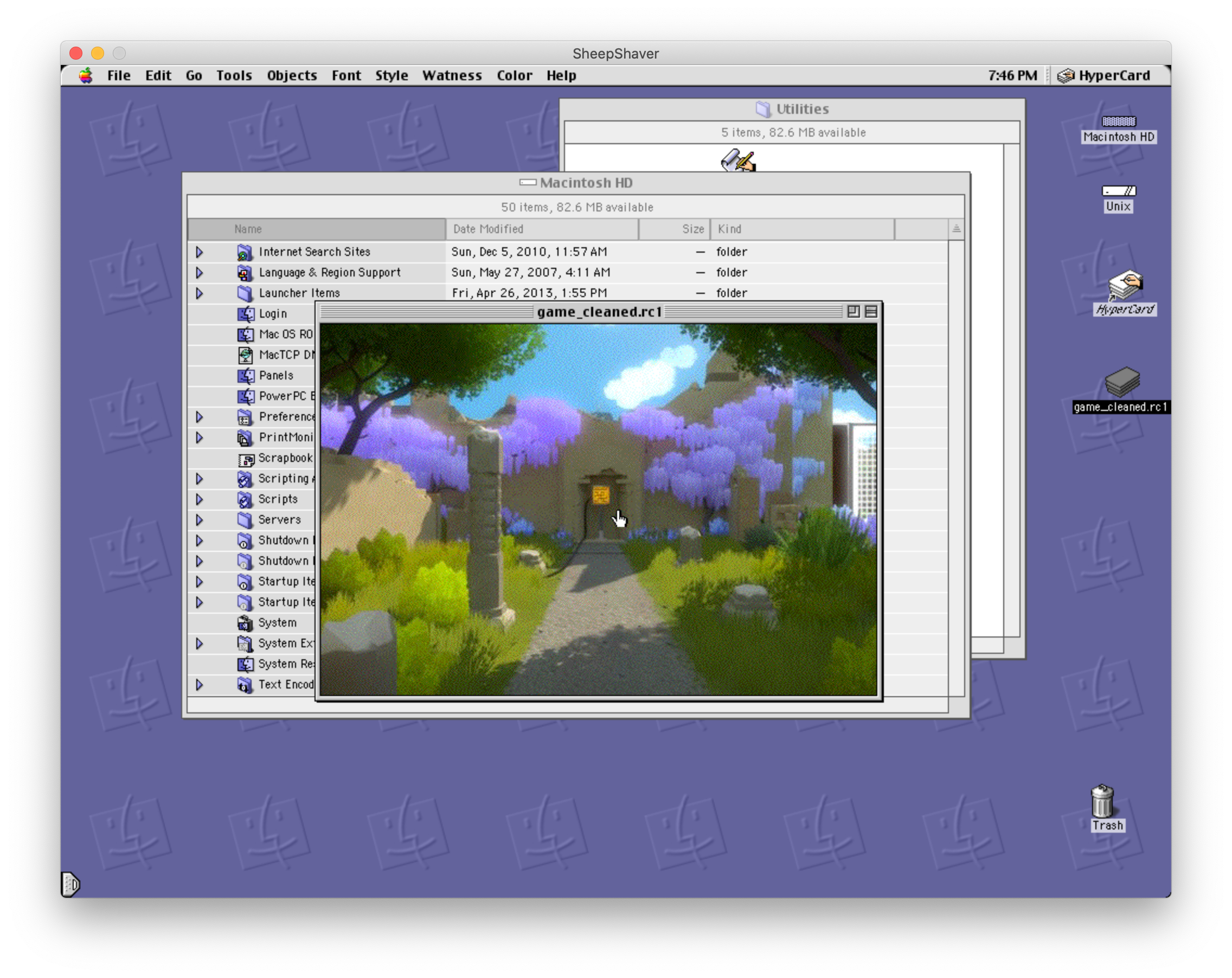 Screenshot of The Watness 2 HyperCard stack running in SheepShaver, showing a striking similarity to the setting of The Witness